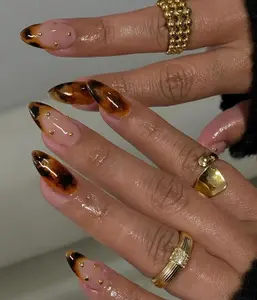 brown marble leopard french nails, custom press on nails, hand painted Press On Nails, Gel Nails, Y2K Chrome Nails