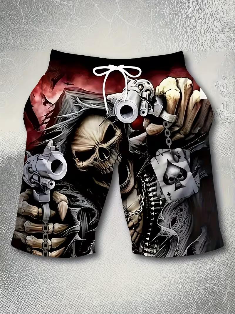 Men's Digital Print Skull and Gun Graphic Beach Shorts Lightweight Polyester Drawstring Waist Swim Trunks for Summer Swimming Gym Golf Fishing Basketball Camping Outdoor Activities Stylish Patterned Swimwear Menswear
