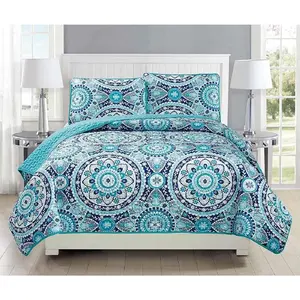 King/California King 3pc Quilted Bedspread Set Oversized Coverlet Floral Turquoise Navy Blue Teal Grey White New