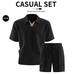 Men's Casual Short Sleeve + Short Set, Summer New V-Neck Drawstring Detail Beach Outdoor Vacation Party T-Shirt + Short Set Shortsleeve