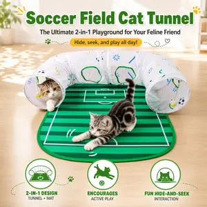 Interactive Cat Tunnel with Play Mat,  cat stuff for indoor,U-Shaped Pop Up Pet Tube Toy with Soccer Field Design, Collapsible Kitten Hideaway with Peek Holes and Hanging Balls for Indoor Cats, Rabbits, Small Dogs