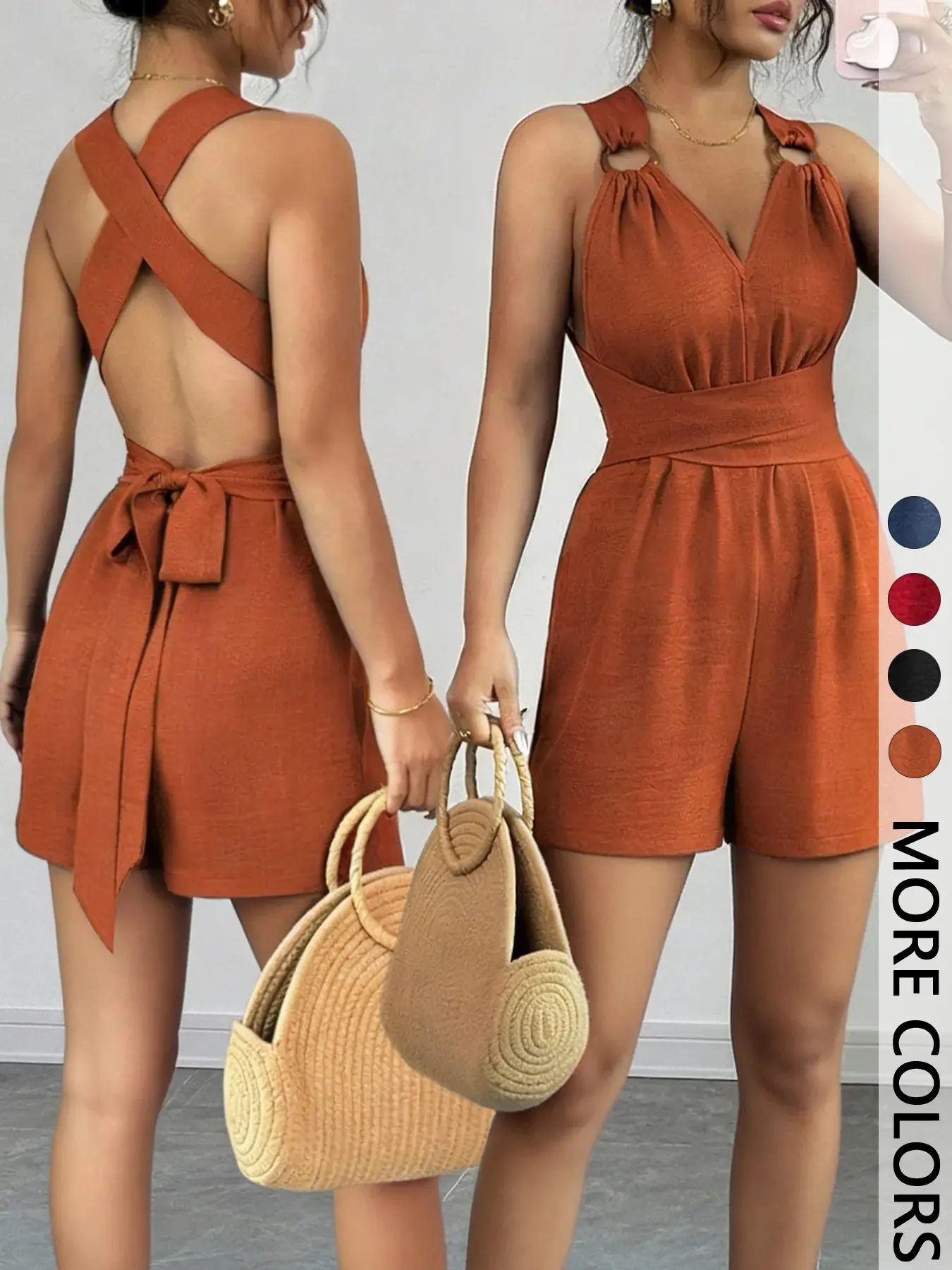 1 Piece Elegant Chic Womenswear Backless Halter Adjustable Tie Waist Short Romper Jumpsuit