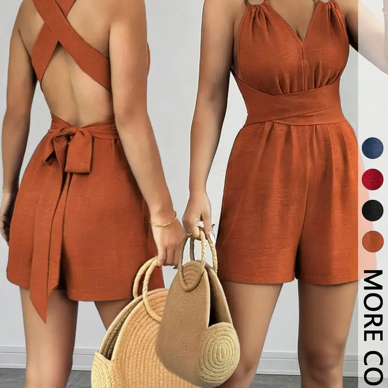 1 Piece Elegant Chic Womenswear Backless Halter Adjustable Tie Waist Short Romper Backless Fitted Jumpsuit