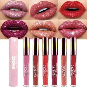 evpct 6Pcs Diamond Lip Gloss Matte to Glitter Lipstick Waterproof, Metallic Metal Shimmer Diamond Glitter Sparkle Sparkling Lipstick Lip Gloss Sets for Women Lips Kit, glitter+lipstick