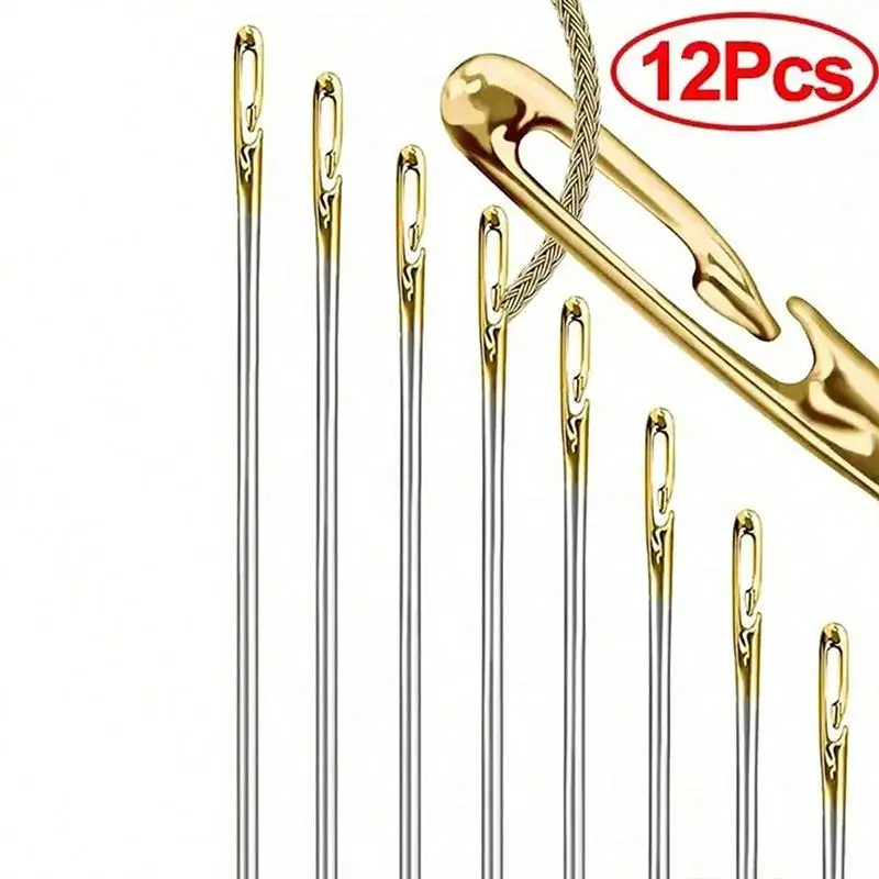 12pcs Self Threading Needle, Open Type Easy Threading Needles, Hand Sewing Needles with Wooden Case, Practical Sewing Supplies, Sewing Accessories