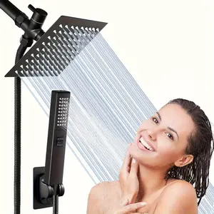 1set Shower Head With Handheld Spray, 8'' Rain Square High Pressure Shower Head, 2 In 1 Handheld Shower Heads Combo With 9'' Extension Arm And 78'' Hose, Shower Holder Bathroom Accessories, Bathroom Sets Full Set, Shower Head