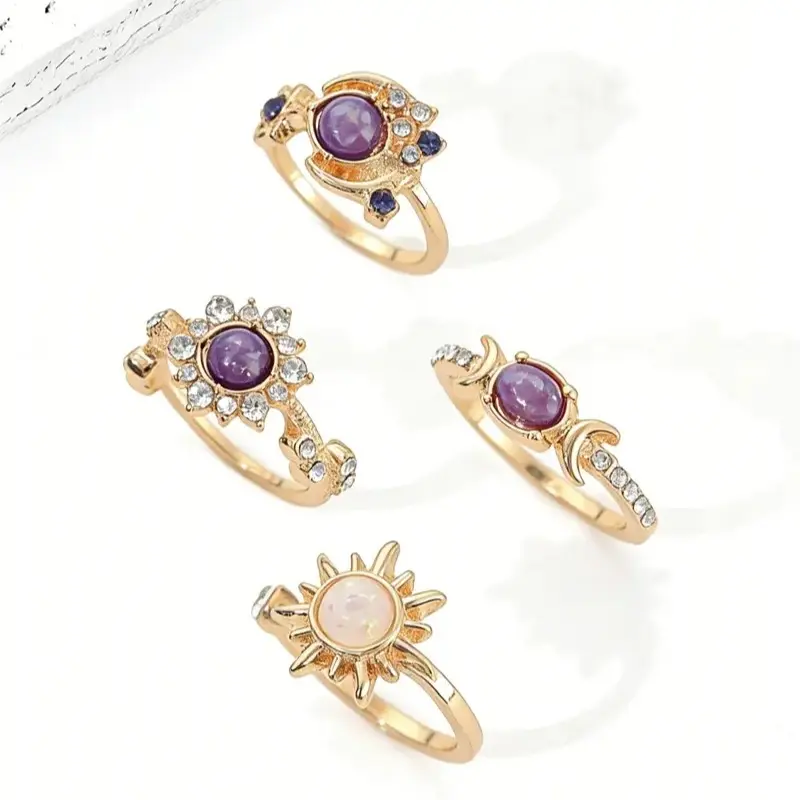 4Pcs Sun & Moon Ring Set -Purple Stackable Rings for Women Non Tarnish Sun Moon Star Ring Knuckle Sparkly Rhinestone Crystal Thumb Open Rings Fashion Jewelry Accessary
