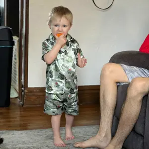 Toddler Baby Boy Silk Pajamas Dinosaur Satin Pajamas Set Short Sleeve Button-Up Top Shorts 2PC PJs