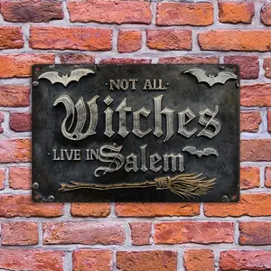 "Not All Witches Live in Salem" Vintage Aluminum Wall Sign - 20.32x30.48 cm, Halloween Decor with Bat Accents, Broomstick & Broom Design, English Text, Ideal for Home, Garage, or Outdoor Spaces, Halloween Decorations, Vintage Metal Sign