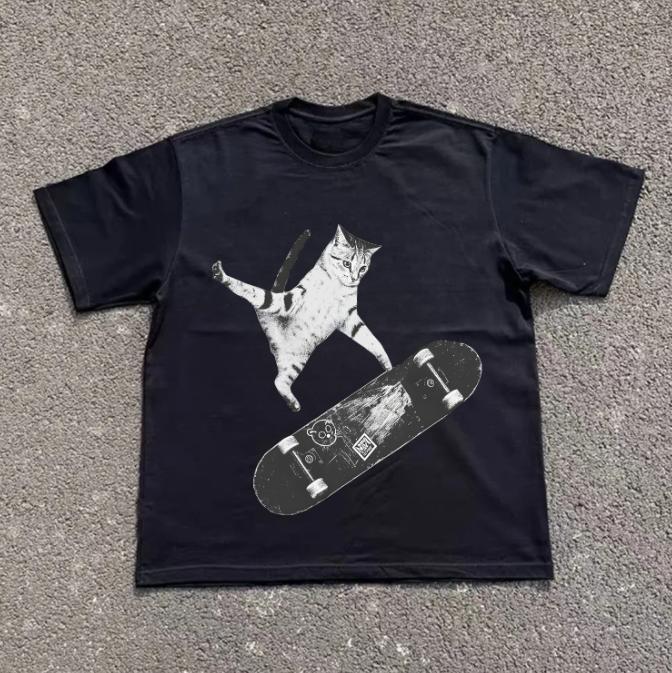 Skateboarding Cat T-Shirt, Y2k Cat Shirt, Animal Tee, Gifts Shirt, Unisex Vintage Graphic Tees Gothic Grunge Y2k Emo Scene Amity Affliction Style Clothes Men Women Streetwear