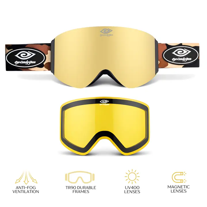 EyeCandyGoggles Dune Drift Magnetized Snow Goggles with Gold-Mirror UV400 Polarized Lens TR90 Frame Anti-Fog Venting & Interchangeable Lenses