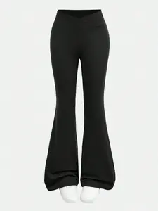 Girls' knitted solid color elastic bell bottom pants Classic Solid Pants, fashionable and simple, daily casual, suitable for all seasons, machine washable and dry cleanable