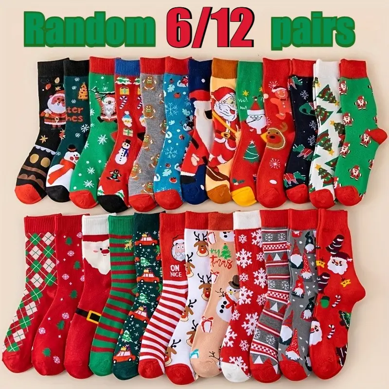 6/12 Pairs of New Random Autumn Winter Warm Santa Claus Gingerbread Men Women Cute Long Socks Best Christmas Gift for Family Friends Menswear Tropical