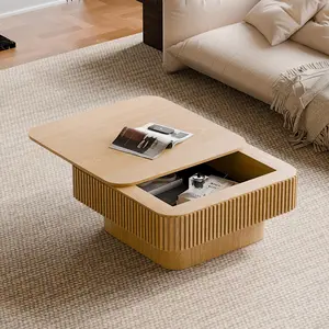 Modern Square Flip-Top Coffee Table with Hidden Storage, Vertical Wood Slats Real Wood Veneer MDF Accent Table, 200LB Tabletop 100LB Interior Capacity Easy Assembly Versatile Living Room Center Table