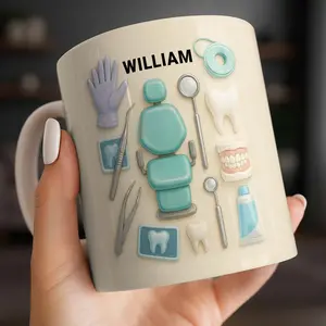 Customizable Dental Essentials Mug Custom Name Gift, (Leave Note at Checkout), 2D Printed 3D Effect Coffee Cup, Dentist Tools Theme Mug, Dental Professional Appreciation Gift Idea, Oral Care Keepsake, 11oz Ceramic Mug