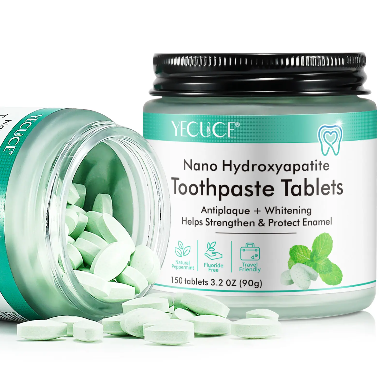 Yecuce Toothpaste Tablets Teeth Cleaner Oral Care with Nanohydroxyapatite, Fluoride-Free Travel Friendly, Eco-Friendly No Plastic, Re-Mineralize & Brighten Teeth, 150 Pieces Box