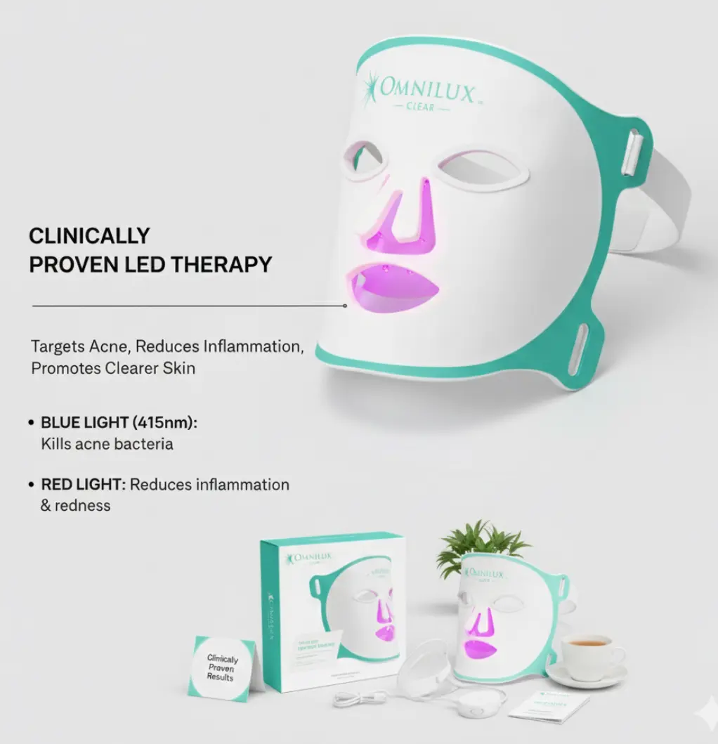 Omnilux Clear LED Face Mask - Blue & Red Light Therapy for Acne Treatment - FDA Cleared & Clinically Proven - Reduces Inflammation & Improves Skin Clarity
