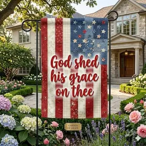 Faux Patchwork God Shed His Grace On Thee Garden Flag, 4th of July Christian Patriotic House Flag, Faith and Freedom Banner, Independence Day Jesus Flag, Print Only