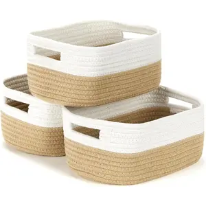 Small Cotton Rope Storage Baskets for Organizing 3 Pack Woven Baskets for Storage Closet Organizer Bins for Shleves 11.8x7.8x5 inch Cute Boho Decorative Basket with Handles - White&Beige
