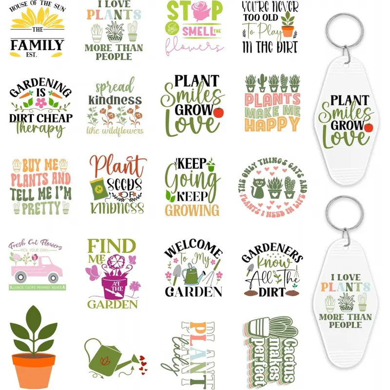 UV DTF Motel Keychain Decals,  Plant Lover UV DTF Stickers for Motel Keychain, Green Plant Aesthetic Vibrant Plant Motifs UV DTF Keychain Transfers Stickers Waterproof UV DTF Decals for Hotel Keychain Nature Stickers