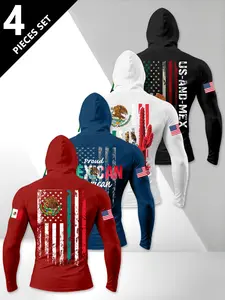 Us & Mex Flag Print Hooded Long Sleeve T-Shirt, Men's Daily Fitness 4-Pack, Vintage Design Muscle Sport Top, Athletic Tops