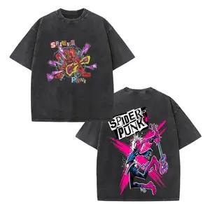 Retro Spider-Punk (Hobie Brown) "Punk Rock" Double-Sided Vintage Washed T-Shirt, MCU Spider-Verse Graphic Tee, Unisex Oversized Heavyweight Cotton Streetwear Top, Ideal Gift for Spider-Verse Fans & Punk Lovers