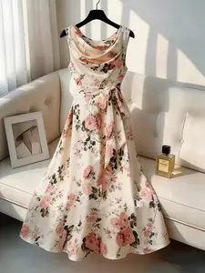 Women's Plus Size Floral Print Midi Dress Sleeveless Cowl Neck Tie Waist A-Line Flowy Elegant Office Workwear Party Wedding Guest Trendy