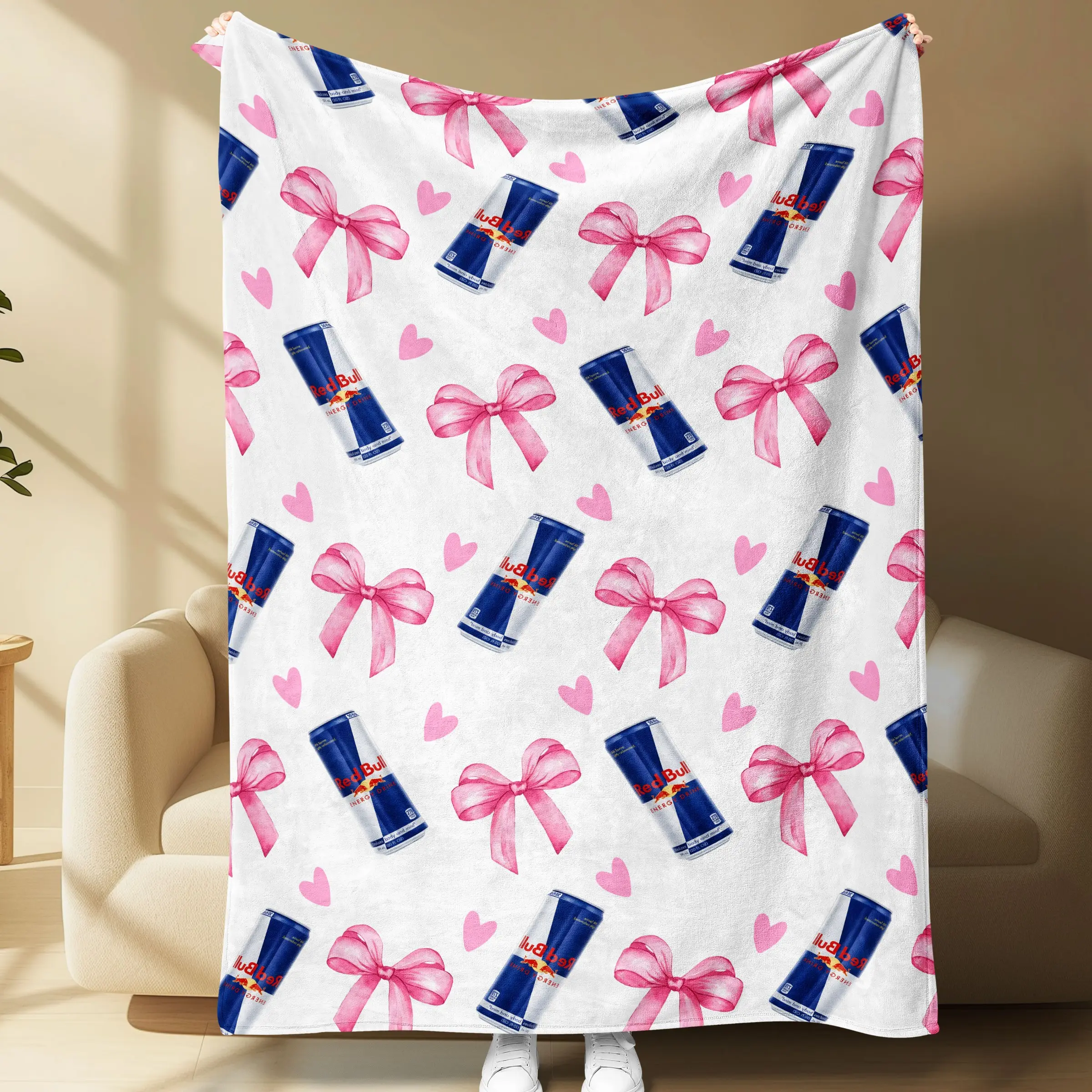 Bow Pattern Throw Blanket, Cute Ribbon and Drink Print, Cozy Fleece Blanket, Girly Aesthetic Soft Blanket for Car Travel and Home, Cozy Flannel Blanket, Flannel Printed Blanket, Flannel Throw Blankets, Home Decor Blanket, Decorative Blanket