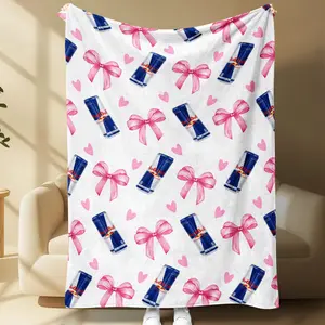 Bow Pattern Throw Blanket, Cute Ribbon and Drink Print, Cozy Fleece Blanket, Girly Aesthetic Soft Blanket for Car Travel and Home, Cozy Flannel Blanket, Flannel Throw Blankets, Home Decor Blanket