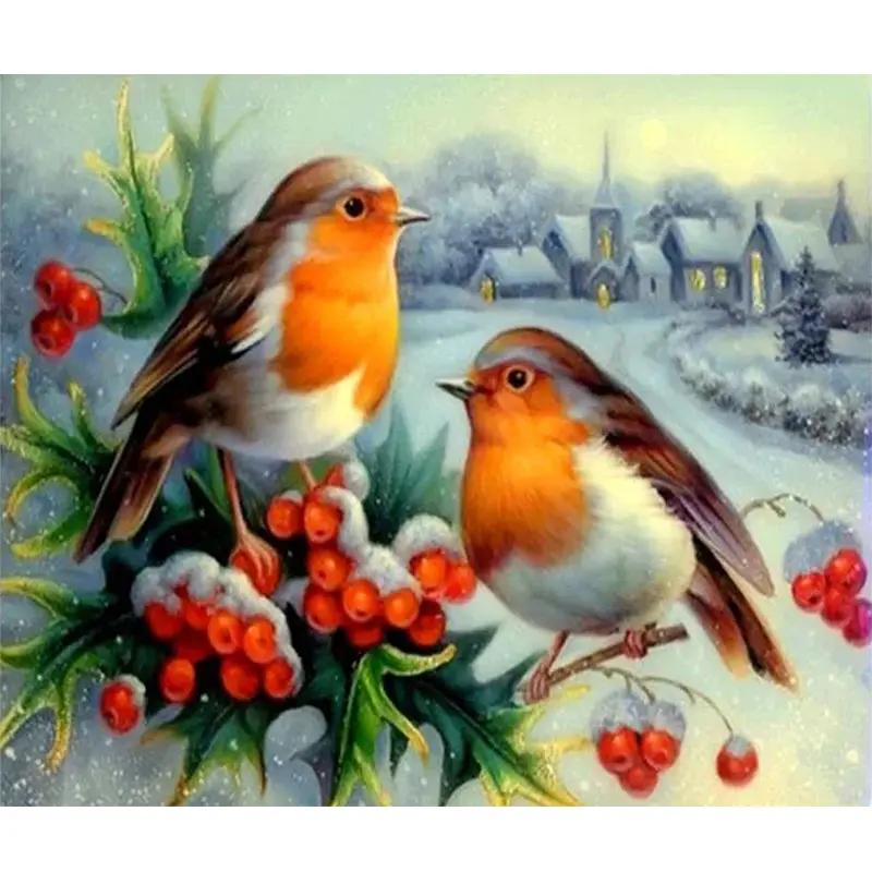 1PC  Diamond Painting Winter Robin Birds Diamond Painting Kit, DIY Full Drill Crystal Art Craft with Snowy Village Scene, Ideal for Home Wall Decor and Relaxing Handmade Project