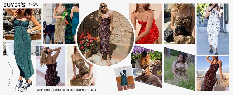 Mundoven Women's Floral Dress Low-Cut Square Neck Spaghetti Strap Tie Bodycorn 90s Y2k Sun Dresses Springfresh Casual Wear Women's Slip Summer Dress with Adjustable Straps & Elastic Neckline