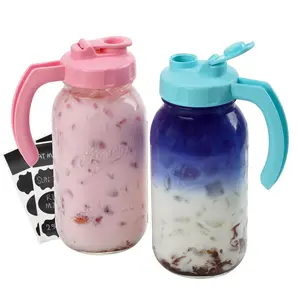 Soligt Glass Mason Jar Pitcher, 2 Pack 64oz(2 Quart /1.9 Liter) Wide Mouth Mason Jar Pitcher with Handle, Airtight and Dishwasher Safe, Iced Brew Coffee Maker Pitcher, Homemade Iced Tea, Pour Spout Handle Lids Kitchen Bottle #DealsForYouDays