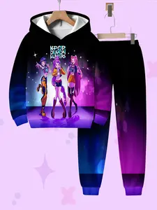 Girls' Spring & Fall Hooded Sweatshirt Set, Soft Breathable Warm Cartoon Fashion, Casual Wear for Kids