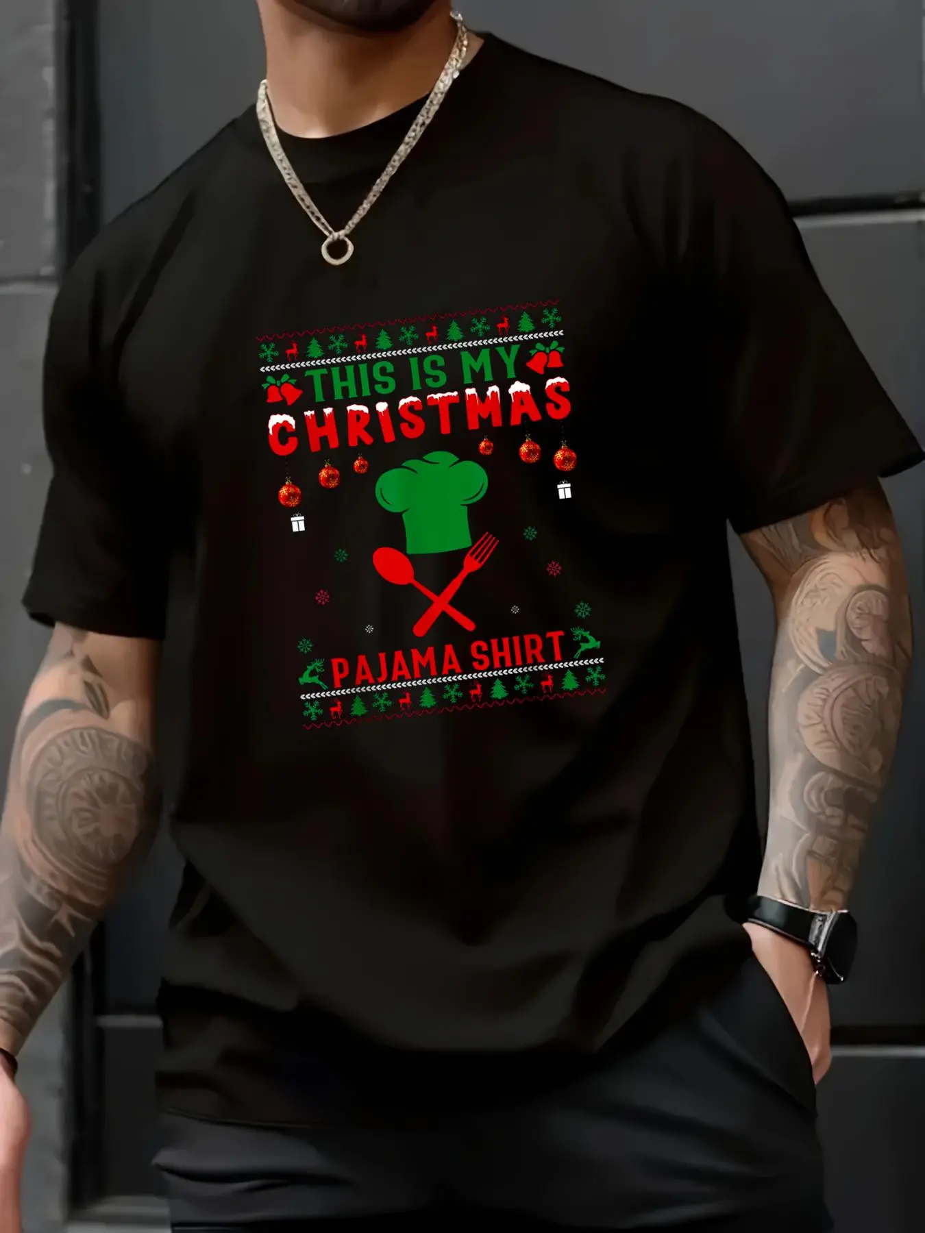 Unisex 100% Cotton Soft Christmas Chef T-Shirt - Men's Crew Neck Loose Short-Sleeve Printed Art Ugly Xmas Tee with Snowflake Graphics, All Seasons Menswear Top, Cold Wash Safe, Casual Tee