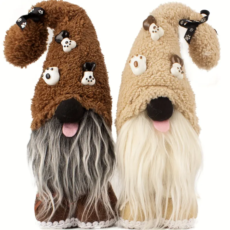 2-Piece Plush Polyester Dog Gnome Plushies - Paw Print Home Decor Statues, Battery-Free Christmas Ornaments for Gift & Party Decor