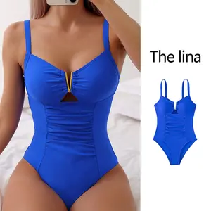 Strappy slimming conservative one-piece swimsuit for women, body-shaping and tummy-controlling bikini swimwear