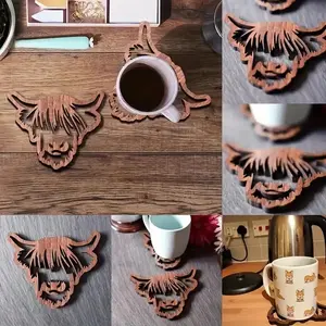 Animal Pattern Round Wooden Coaster, Highland Cow Heat Resistant Anti-Slip Cup Mat, Washable Table Pad for Home Room Decor Dining Use