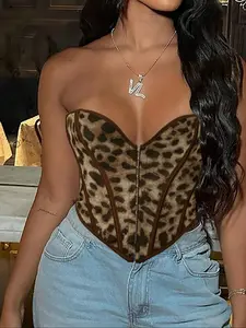26 Valentine's Day Women's Leopard Print Woven Strapless Corset Top - Heart Neck Front Eyelet Back Lace-Up Bustier, Y2K Wild Clubwear Crop Top Music Festival Tube Top
