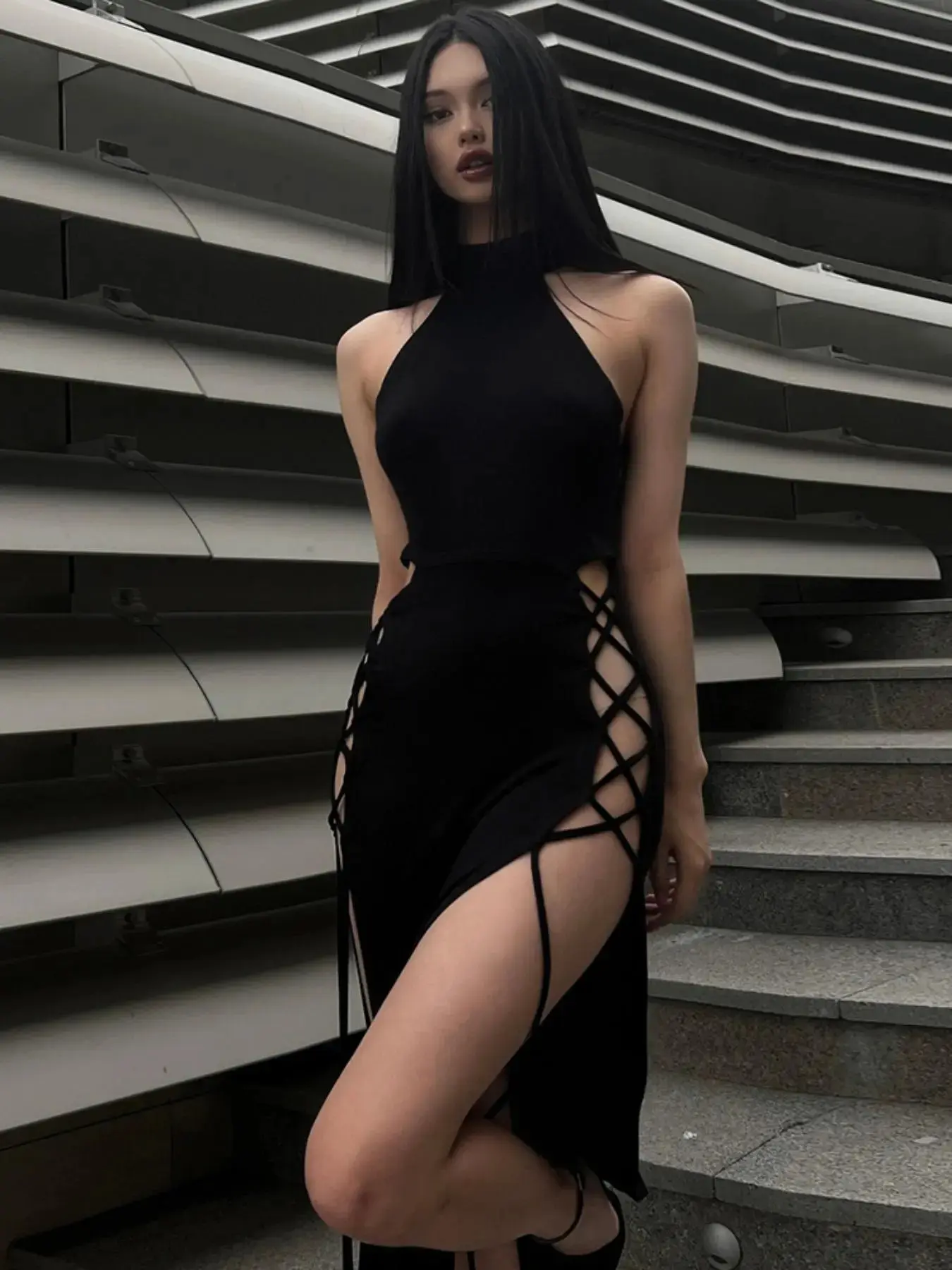 Women Solid Lace Up Split Thigh Halter Neck Sleeveless Tank Jersey Knitting Top Lounge Beach Black