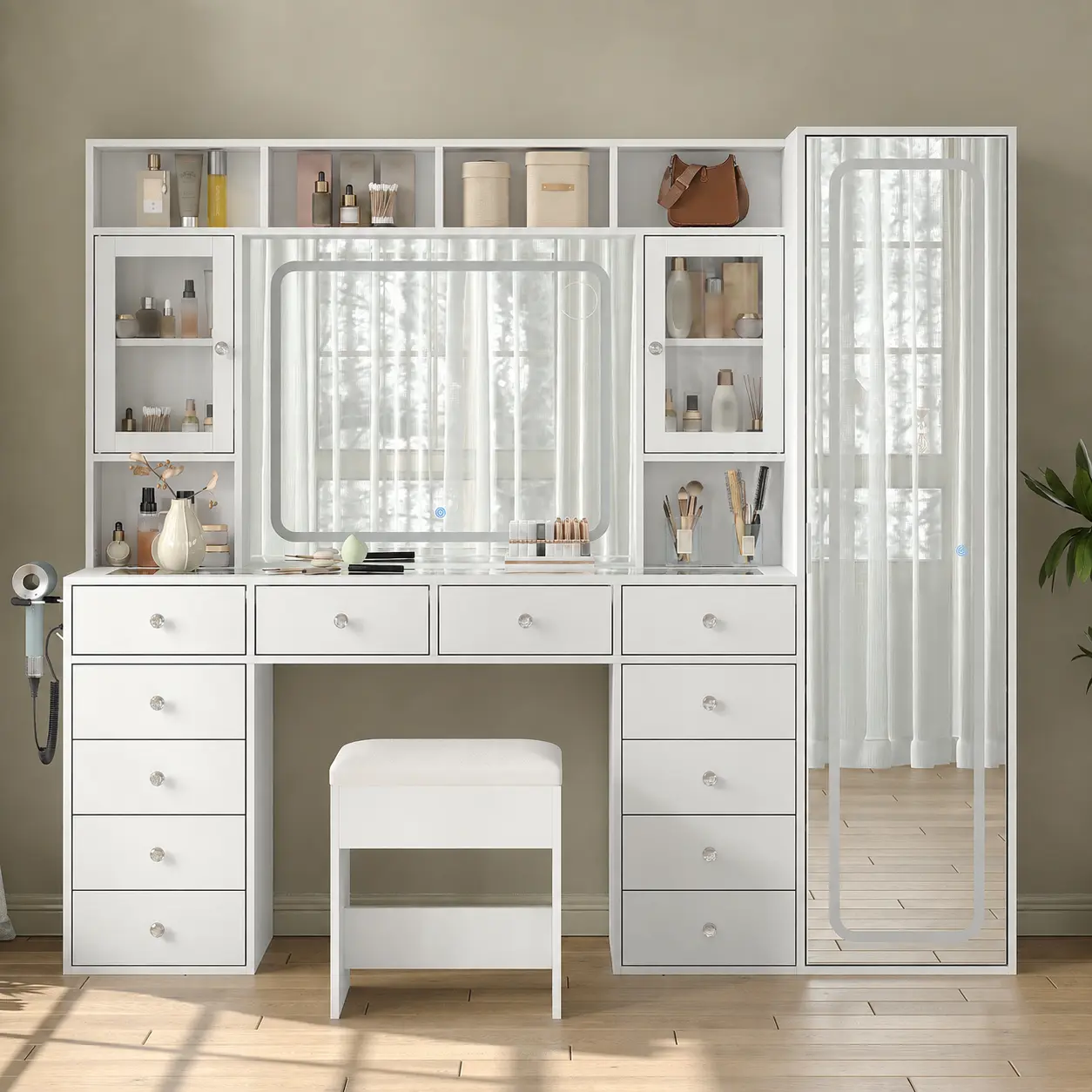 [Shipped in 3 Packages] FUSOU 2-in-1 Vanity Desk with Round Mirror - LED Dimmable 3-Color Lighting, Power Outlet, 12 Drawers, Hidden Storage, Vanity Chair for Bedroom (Home & Bathroom Supplies), Round Shape