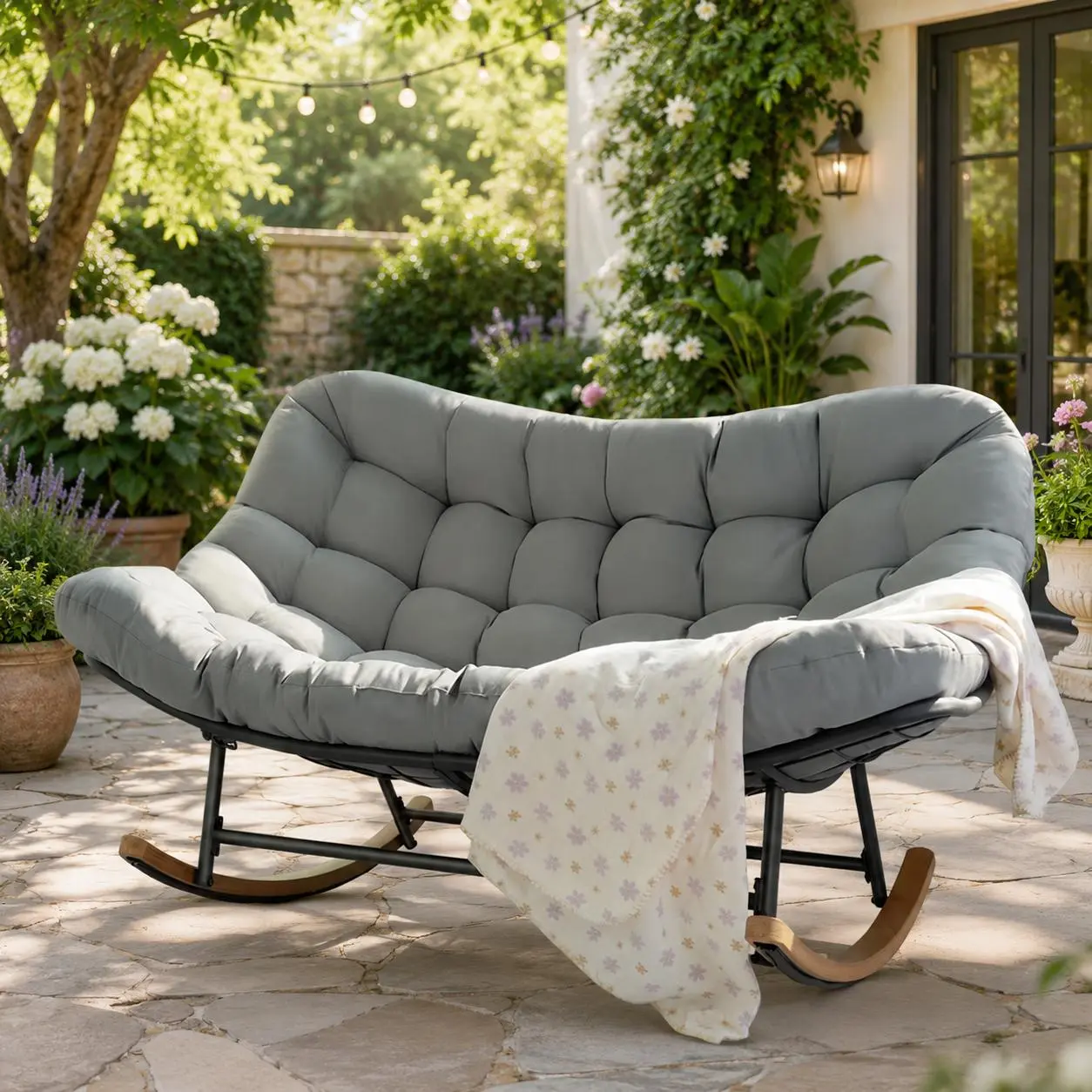 2-Person Oversized Outdoor Double Papasan Chair, Heavy-Duty Steel Frame Rocking Lounge Chair with Thick Cushion for Patio, Garden fence install wpcfence installation