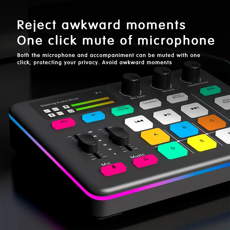 RGB Gaming Audio Mixer LSD-G1 (Black) - 5-Channel Rechargeable RGB Audio Interface, XLR Mic Port, Individual Controls, Volume Fader, Mute Button, Phantom Power, Fine-Tuning, Recording, for Indoor Use, Smartphone & PC Compatible, Manufacturer Warranty, Equ