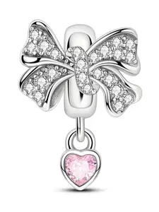 Silver Color Bow Beaded Necklace, Elegant Zirconia Pendant Jewelry, Sparkling Charm Accessory for All Seasons, All Seasons Use