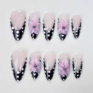 N88 Autumn Polka Dot Almond Nails - Black 3D Carved Press-On False Nails with Detachable & Reusable Design