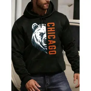 Chicago Bear Print Graphic Hoodies Men, Boys Winter Clothes, Loose Fit Long Sleeve Pocket Pullover, Mens Sweatshirts Black White Options, Winter Fashion Pullover Tops, Suitable Parties, Outdoor Activities, And Leisure, Men, Holiday