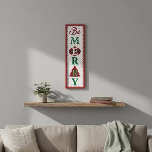 360 Stand Traditional Christmas Iron Wall Art Holiday Ornament - 30x9 in Vertical Metal Hanging Wall Decor, Green Red & White "Be Merry" Festive Home Decoration, Vertical Wall Decor