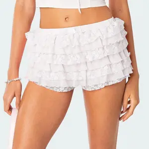 Women's Layered Ruffle Shorts Elastic Waist Cute Bow Front Lace Shorts Going out Coquette Pants Streetwear White Casual Fabric Womenswear Spring Bottom Soft Solid Basic Minimalist Multi-Color(Raincoats)