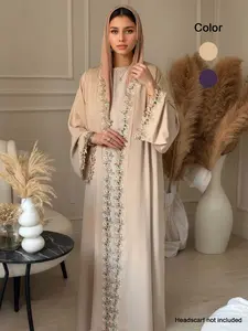 Women's Leaf Embroidery Abaya, Elegant Long Sleeve Open Front Abaya for Women, Ladies Islamic Clothing for Daily Wear, Loose Abayas, Abayas For Eid