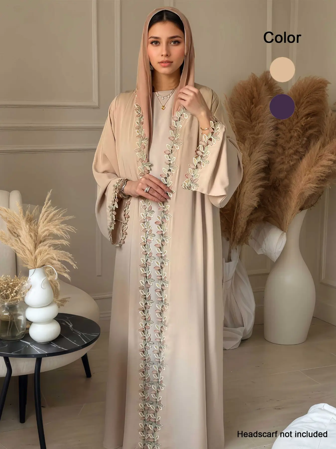 Women's Leaf Embroidery Abaya, Elegant Long Sleeve Open Front Abaya for Women, Ladies Islamic Clothing for Daily Wear