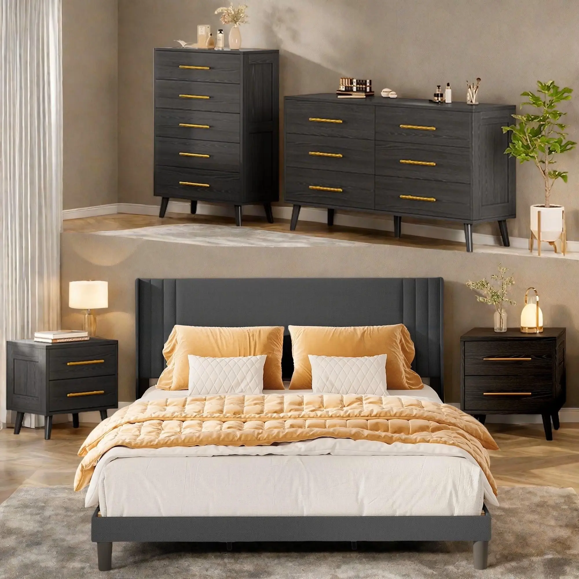 GIZOON Modern Black Multi-Part Bedroom Furniture Set - Queen Bed Frame, 2-Piece Nightstand Sets, 5-Drawer Dresser, 6-Drawer Double Wide Dresser - Stylish Indoor Home Storage Solution, Bed Frames For Queen